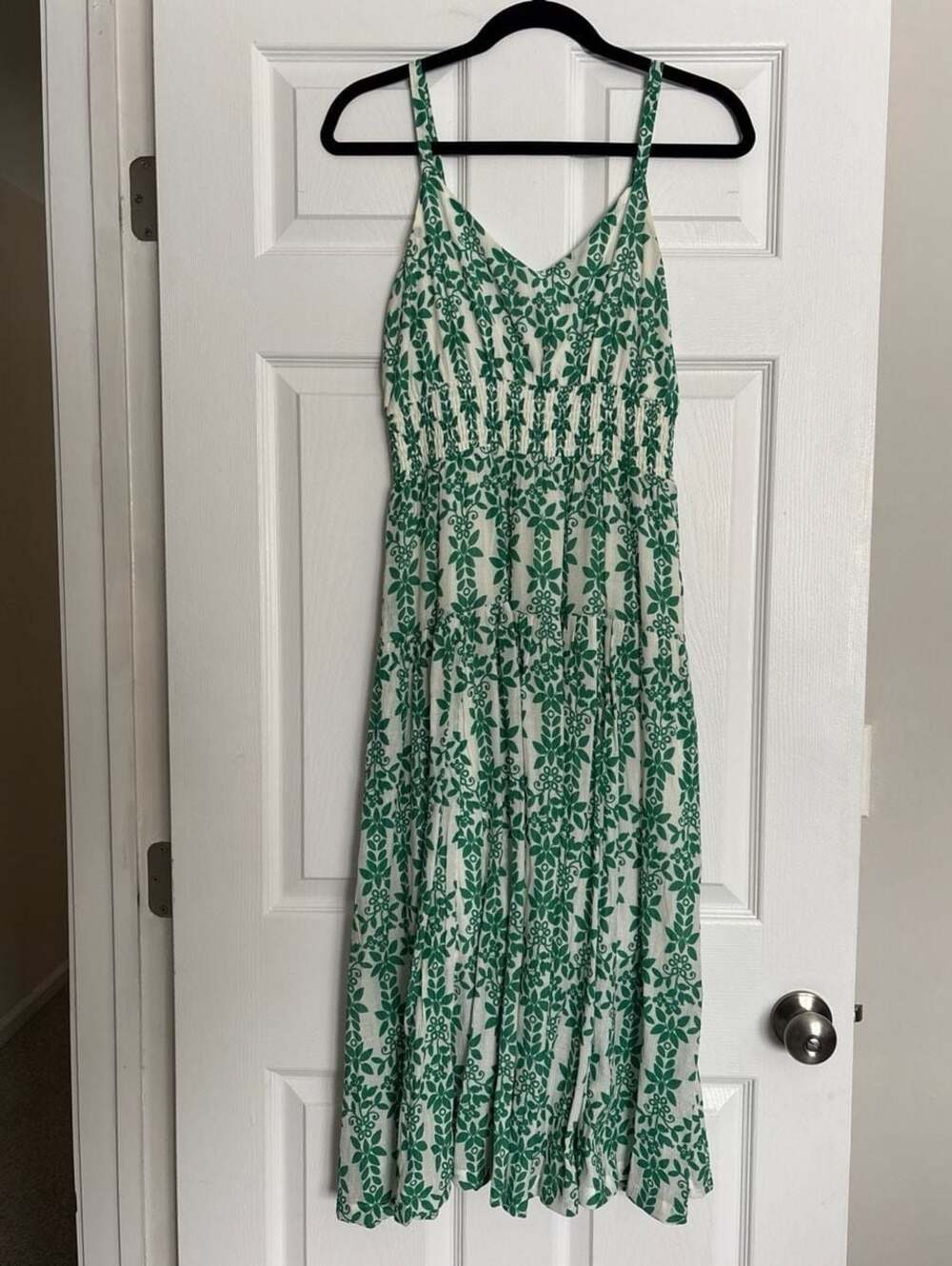 Skies Are Blue Green and White Floral Smocked Tiered Midi Dress
